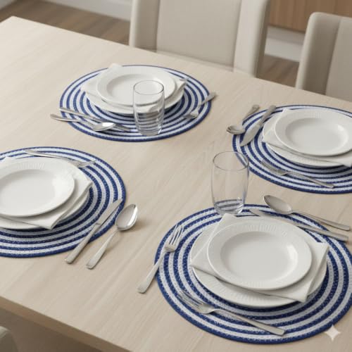 Image of Cotton Rope Placemats, Round Red with White Border, Set of 4, Heat Resistant Table Mats (Blue and White)