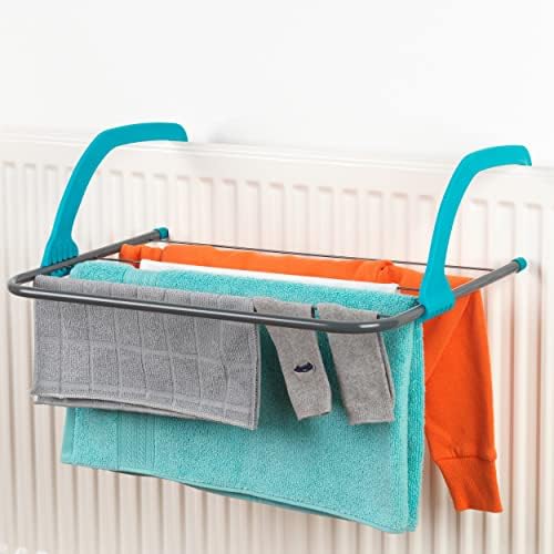 Beldray LA027535TQEU 6-Bar Attachable Airer, Fits Up to 6 Hand Or Tea, Foldable Arms for Compact Storage, Over Radiator Towel Rail, Small Clothes Horse, Alloy, Turquoise, 51 x 38 x 16 cm