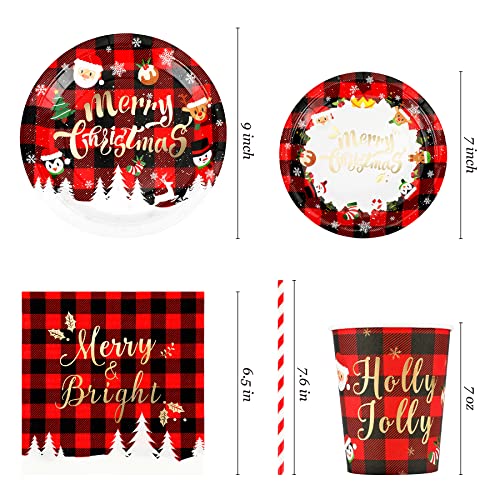 Christmas Paper Plates And Napkins Set Decorations For 24 Guests, Holiday Buffalo Check Foil Gold Tableware With Cups And Straws, Disposable Merry Christmas Theme Party Decor #TOP1