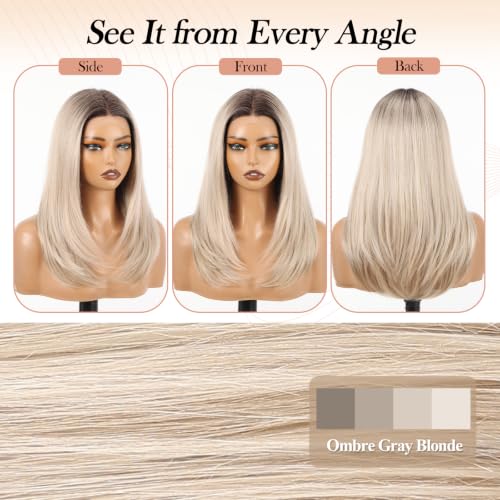 Image of EMMOR Human Hair Wig for Women 13x5x1 Inch HD Lace Front Wig 18 Inch Layered Glueless Wigs Pre-Plucked Hairline Human Hair Blend Premium Synthetic Fiber for Everyday Wear(Ombre Gray Blonde)