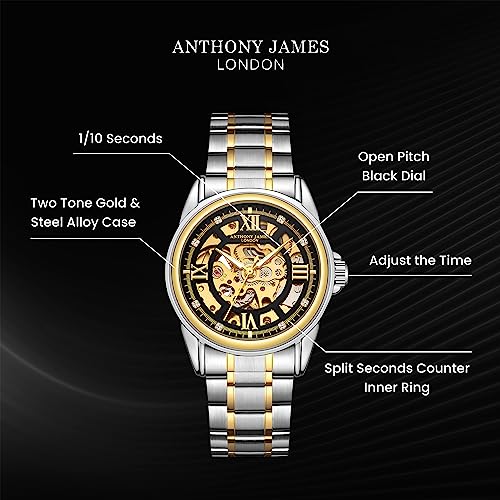 Image of Anthony James Skeleton Automatic Wrist Watches Men - Hand Assembled Water & Scratch Resistant Analogue Watch with Split Seconds Counter - Analogue Watches Men