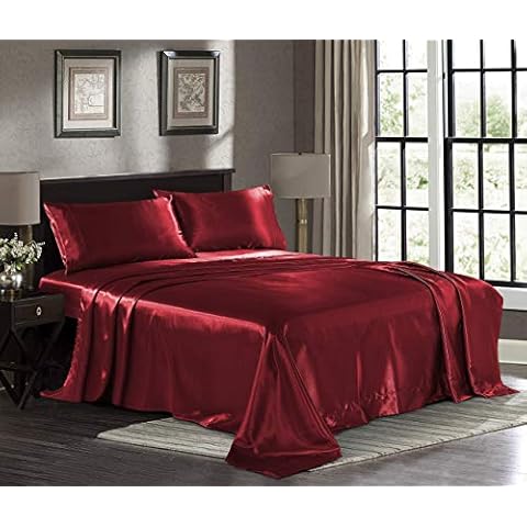 pure bedding Satin Sheets Cal-King [4-Piece, Burgundy] Hotel Luxury Silky Bed Sheets - Extra Soft 1800 Microfiber Sheet Set - Deep Pocket Fitted Sheet, Flat Sheet, Pillow Cases Cover