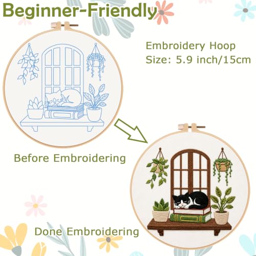 Image of Nuberlic Embroidery Kit for Beginners Stamped Black Cat | Includes Printed Fabric, Hoop, Threads, Needles And Guide Needlework Kit DIY Wall Decor, Gifts And Relaxing Art