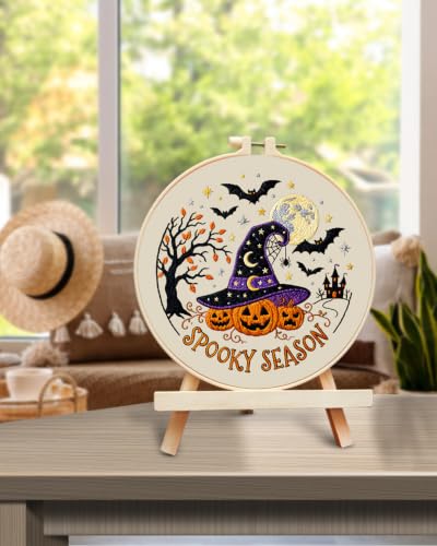 Image of TINDTOP Halloween Embroidery Kit for Adult, Embroidery DIY Starter Kit, with Stamped Patterns, Hoop, Tools, Colorful Threads with Needles, Instructions (Halloween A)