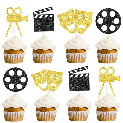 Theatrical Mask Cupcake Toppers 24PCS Comedy Movie Night Cake Decorations Film Theme Birthday Party Decoration for Movie Festival Party Supplies Glitter Gold and Black