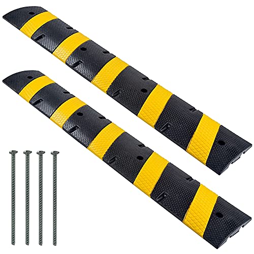 Electriduct 6 Feet Rubber Traffic Speed Bump with Asphalt Mounting Hardware Rebar Spikes - 72" Long, 2" Height Heavy Duty Modular Driveway Parking Lot - Black/Yellow - Pack of 2