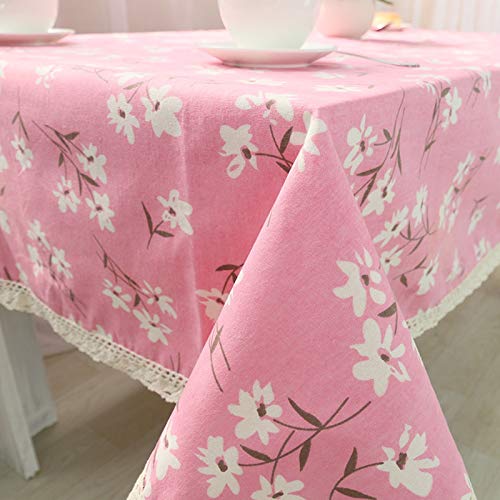 Nappe de table fleurie en coton lin avec dentelle rose finition premium - 2