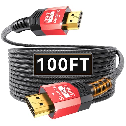 Image of Fiber Optic HDMI 2.1 Cable 100FT,48Gbps Ultra High Speed Braided Uni-Directional Cord-8K@60Hz 4K@120Hz /144Hz HDCP 2.2&2.3 eARC DTS:X HDR10 VRR Compatible for RTX 5090 /PS5 /Xbox X /S /TV etc