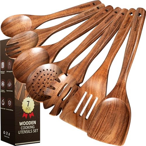 Kikcoin Wood Kitchen Utensils Set, 7 PCS Solid Teak Wooden Spoons for Cooking with Long Handle Heat-Resistant Wooden Cooking Utensils Set for Non-stick Cookware Including Hanging Hole