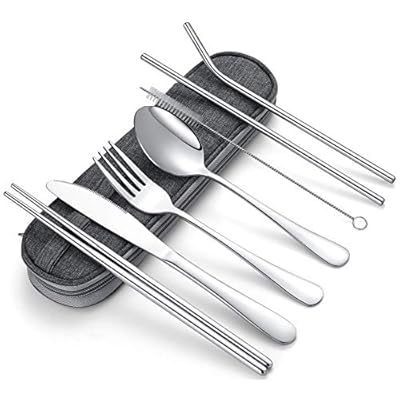 Portable Stainless Steel Flatware Set, Travel Camping Cutlery Set, Portable Utensil Travel Silverware Dinnerware Set with a Organizer Case … (8-pieces flatware set silver)