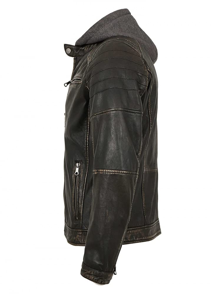 Herren Lederjacke Lammnappa Bikerjacke Kapuze schwarz-beige