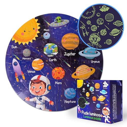 Puzzle Sistema Solar para niños (70 Piezas) - Puzzle 4 años y 5 6 7 8 - Juguetes niños 5 años - Juguetes Educativos Puzle Redondo XL Planetas Sistema Solar - Regalo niño puzle 5 años