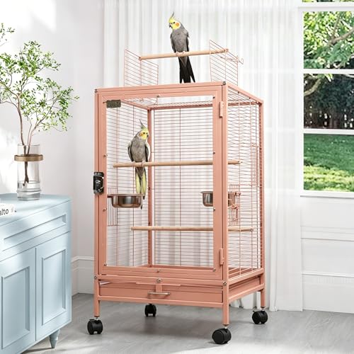 Image of xixi-home Parrot Cage,Metal Bird Cage Ornamental Cage -with Play Top and Wheel,Large Birdcage Flight Cages for Outdoors for Parakeet,Lovebirds,Cockatiels(Type B - Pink)