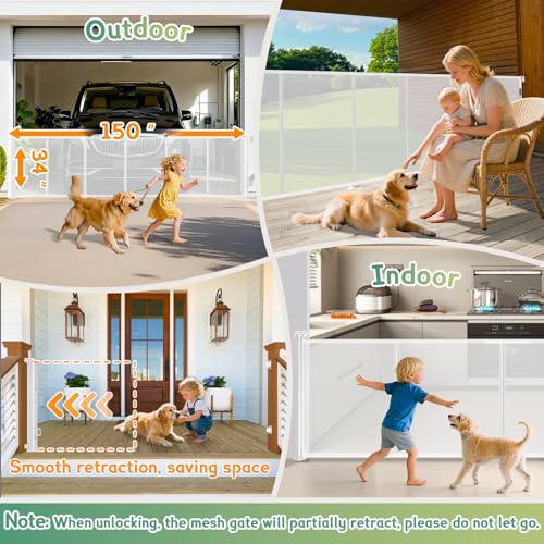 Retractable Baby Gate Extra Wide 150" (12.5 FT) x 34" Tall, White 3.8 Meters Mesh Dog Child Pet Safety Indoor Outdoor Retractable Gates with Reinforcement Rods for Doorways, Stairs, Decks, Kitchen by AMAZKRUS - Image 7