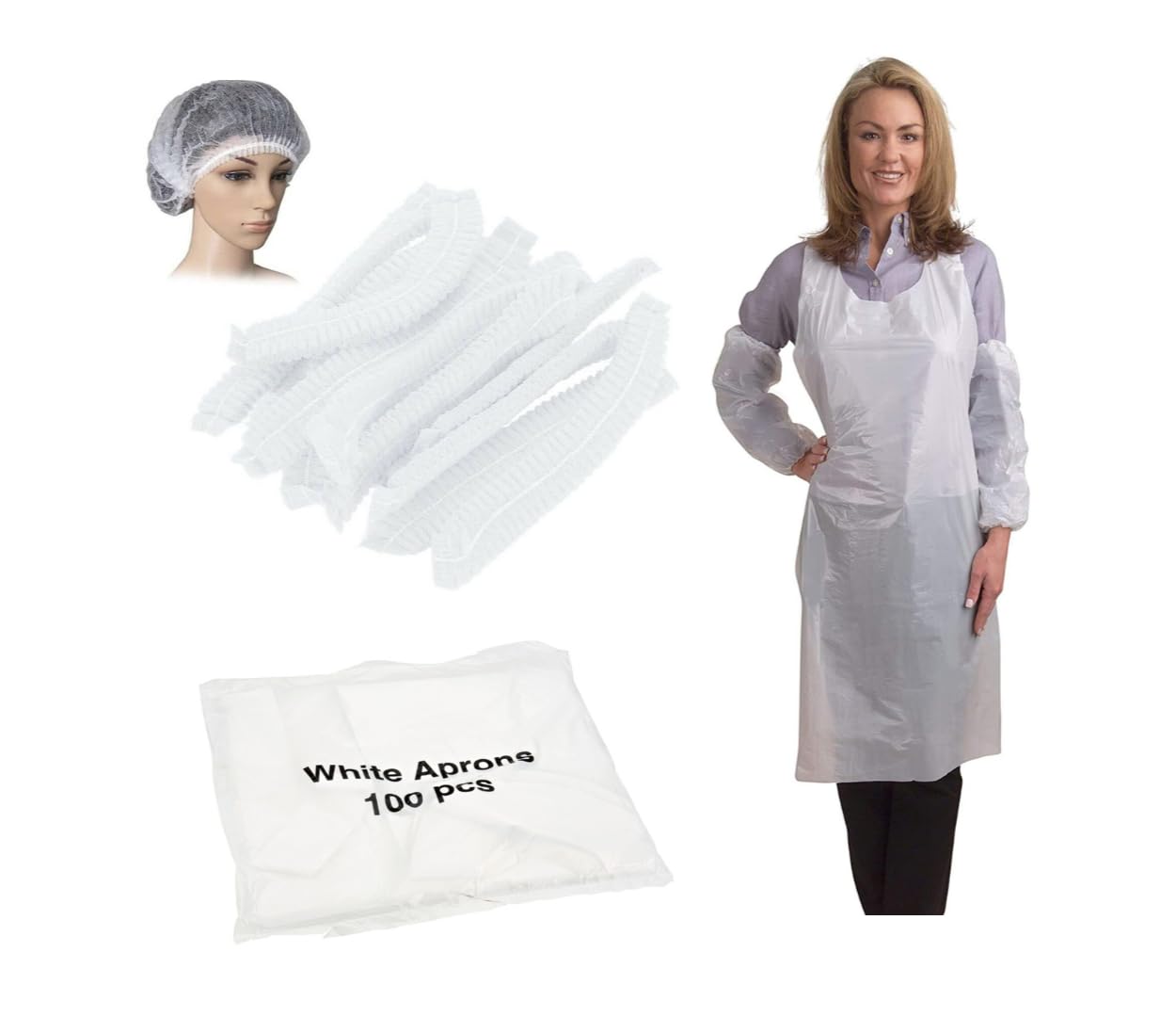 HOT BARGAINS 100 X Disposable White Hair Nets + 100 x White Aprons Combo Pack Non Woven Surgical Caps 21 Inch and Aprons For Cooking, Medical and Parlors