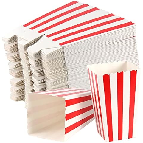 SEUNMUK 120 Pack Popcorn Boxes Striped Paper Popcorn Boxes, 280gsm Mini Cardboard Popcorn Bags Small Paper Candy Containers, for Movie Nights, Parties, Weddings, Red and White Cover