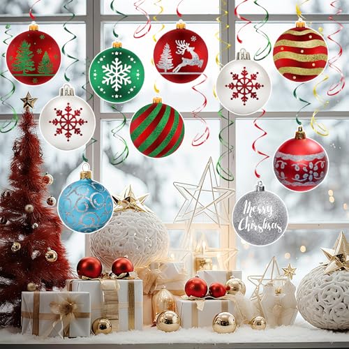 Image of Christmas Ball Hanging Swirls Decorations, 30 Pcs | Christmas Ball Hanging Foil Swirl Xmas Tree Snowflake Elk Ceiling Decor for Xmas Holiday Party Supplies