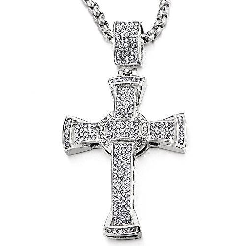 COOLSTEELANDBEYOND Mens Women Large Steel Cross Pendant Necklace with Cubic Zirconia and 30 inches Rope Chain