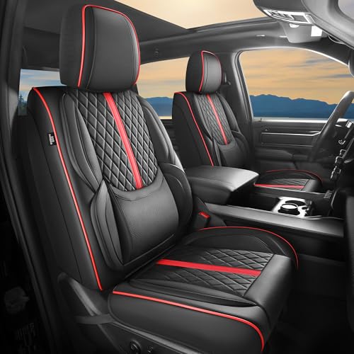 Image of Seat Covers for 2019-2026 Dodge Ram 1500 /2500 /3500, Flat Bench | lumbar padded, premium waterproof leather, full coverage, anti-slip, storage pockets, long-term durability, airbag compatible