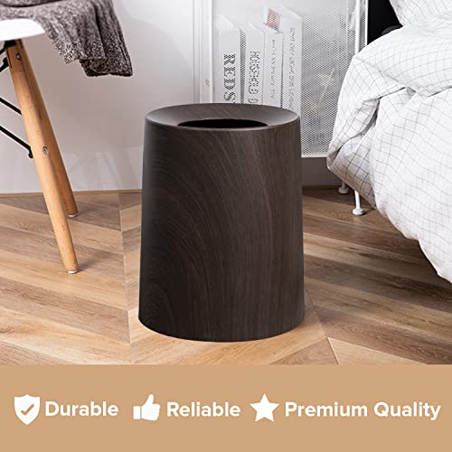 Image of Spill Proof Kids Pet Friendly Garbage Can - Dark Walnut Wood Color Trash Bin - Top Indoor Outdoor Office Bedroom Bathroom - 3.2Gal - Patio Bar Loft Den - Round Designer Waste Basket - 10inx10inx12in