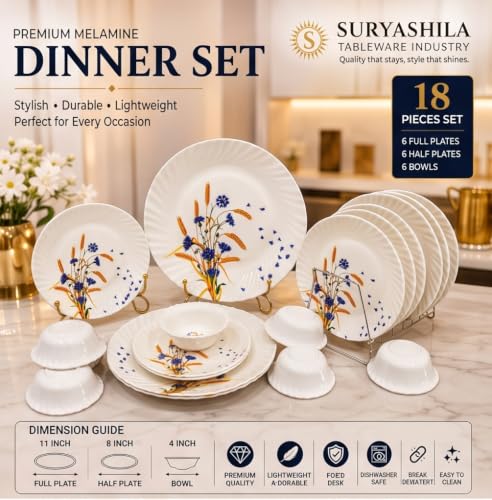 Image of Melamine Dinner Set 18 Pieces, White with Blue & Yellow Floral Design, 6 Full Plates 6 Half Plates 6 Bowls, Lightweight Tableware Set for Home & Dining, Pack of 1