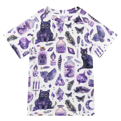 ALAZA Kids Rash Guard Boys Toddler Swim Shirts Short Sleeve Cat Purple UPF 50+ 3T