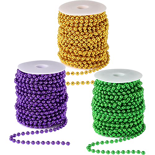 Tigeen 200 ft Mardi Gras Decoration 7 mm Mardi Gras Decorations Garland Plastic Roll Assorted Metallic Colors in Gold Green Purple Mardi Gras Accessories for DIY Party Decor 3 Rolls