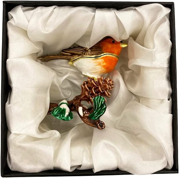 Golden Crystal Enameled Robin Jewelry Box, Hand-Painted Hinged European Robin Trinket Box, Elegant Home Décor & Unique Gift for Bird Lovers
