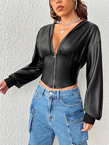 Wdirara Women's Pu Leather Ruched Zip Up Hoodie Long Sleeve Drop Shoulder Crop Jacket Black S #TOP4