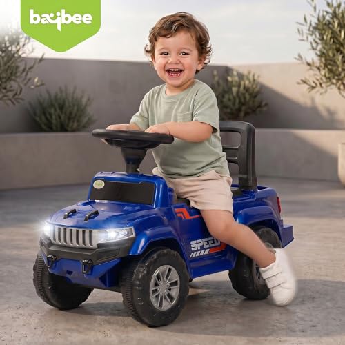 Image of Baybee Speedy Baby Ride on Car for Kids | Portable Kids Car with LED Lights, Music & Storage Basket | Push Toy Cars with High Backrest | Toddler Rideons Jeep for 1 to 3 Years Boys Girls (Blue)