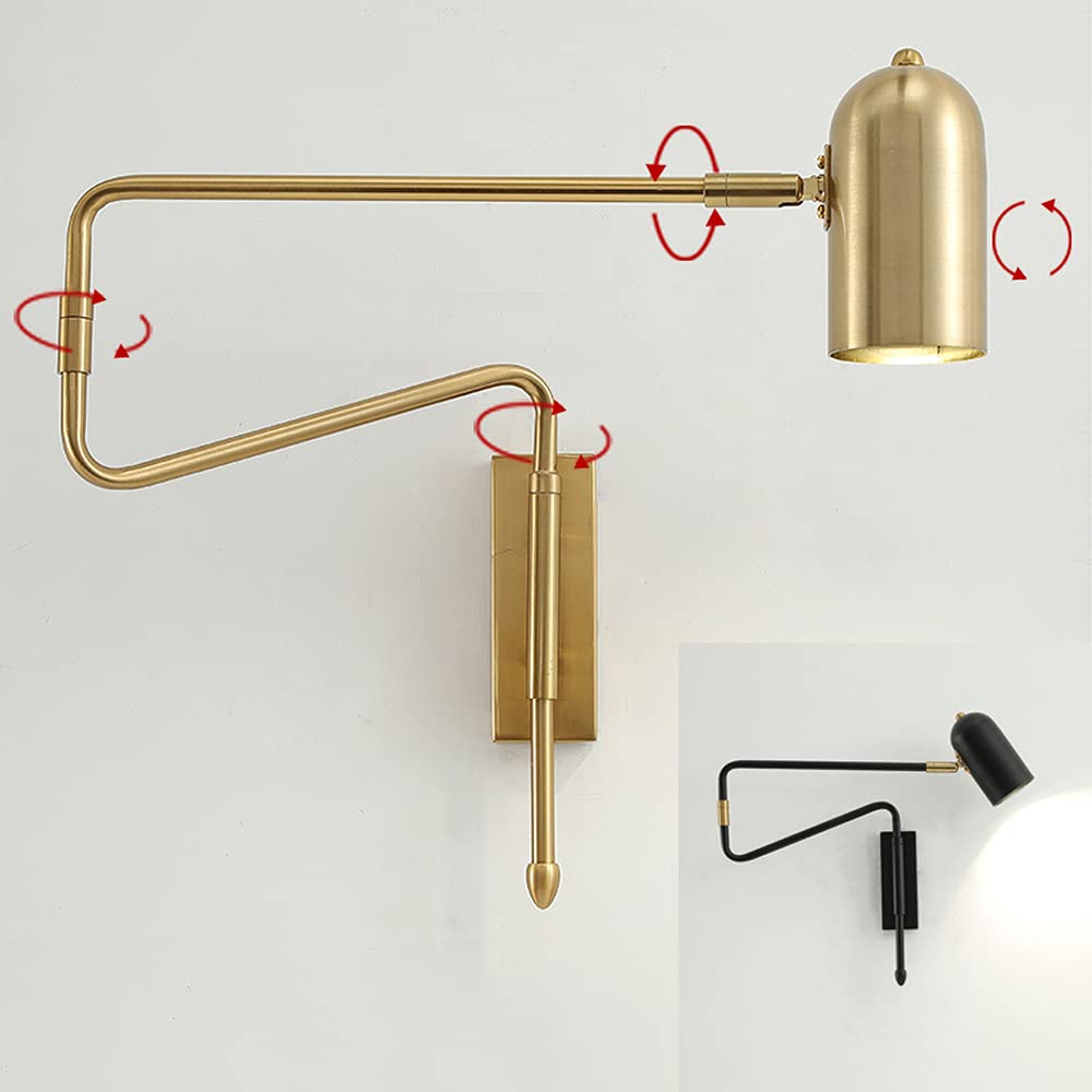 Applique da Parete retrò con Braccio oscillante, Lampada Ultra Sottile e Flessibile, faretto cablato in Ottone Placcato Industriale, Lampada Rustica Antica per Soggiorno,