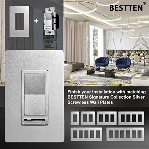 [5 Pack] Bestten Silver Dimmer Wall Light Switch With Screwless Wallplate, Single Pole Or 3-Way, Compatible With Dimmable Led, Cfl, Incandescent And Halogen Bulb, 120Vac, Ul/Cul Listed #TOP5