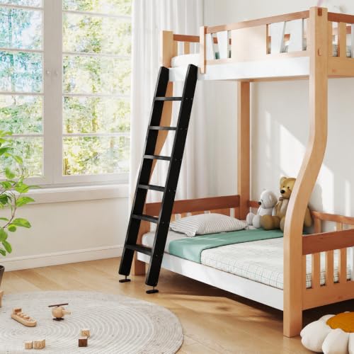 Image of 50 inch 55 inch 60 inch Black Wood Bunk Bed Ladder, Lofted /Dorm /RV Bed Bunkbed Ladders with 4in Extra Wide Steps and Non-Slip Pads, Replacement Wooden Ladder for Motorhome /Camping (Black, 67in /170cm)