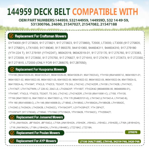 Image of 144959 Deck Belt 1 /2 inchx95 inch for Craftsman Husqvarna Poulan AYP Aramid Cord | Fits Craftsman DLT3000, Husqvarna LT /YT, Poulan AYP LT3000 mowers, replaces 532138255 532144959