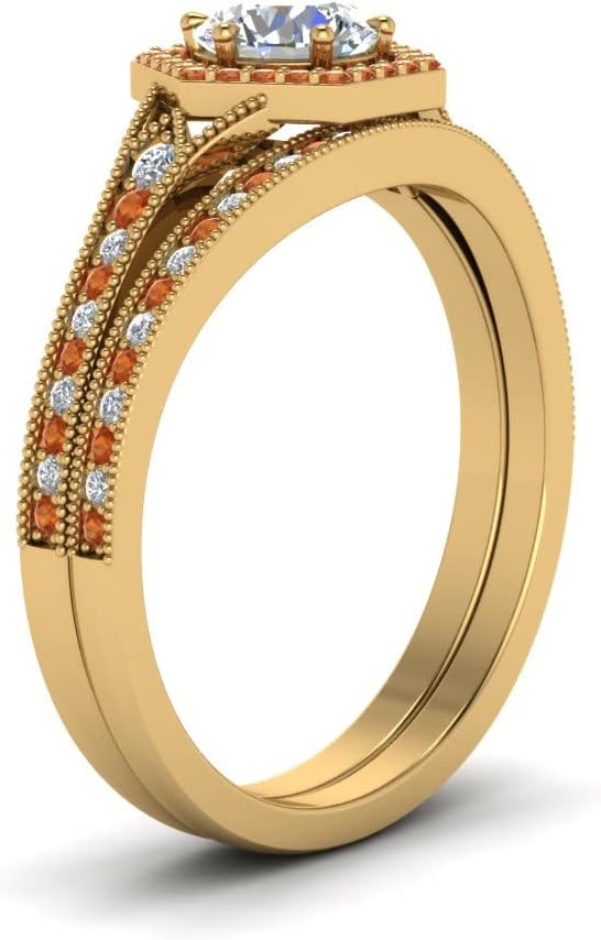 Choose Your Gemstone Vintage Hexagon Halo Bridal Ring Set Yellow Gold Plated Round Shape Wedding Ring Sets Affordable for Your Girlfriend, Wife, Partner Wedding US Size 4 to 12
