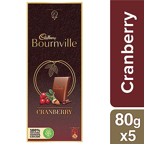 Image of Cadbury Bournville Rich Cocoa 70% Dark Chocolate Bar, 3 x 80 g & Bournville Cranberry Dark Chocolate Bar, 80g (Pack of 5)