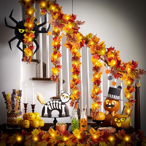 Image of Fall Maple Leaf Garland with Yellow Lights, 2PCS Thanksgiving Artificial Hanging Fall Leave Vines with 20 LED, Yellow Floral Garlands Halloween Autumn Decor for Home Wedding Party (11.8FT)