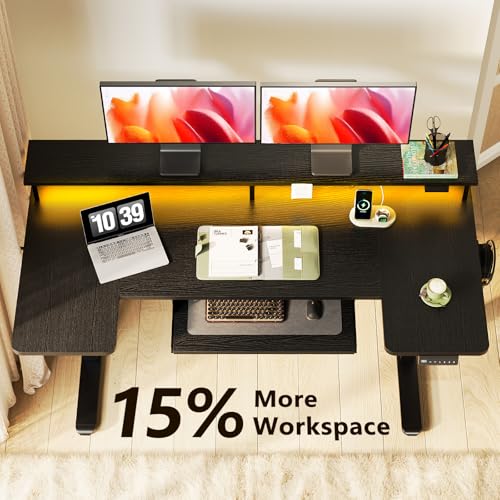 Image of OffiGo U Shaped Electric Standing Desk with Keyboard Tray, 55 Inch Height Adjustable Desk with Power Outlets & LED Lights, Sit Stand Table with Monitor Stand for Home, Office, Black