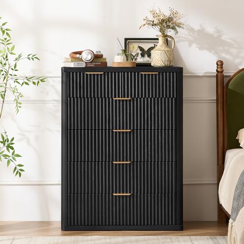 Image of LEYAOYAO Fluted 6 Drawers Dresser for Bedroom Set of 2, 42 inch Tall Modern Chest of Drawers with Metal Handle, Curved Profile Design,Black Wood Drawer Organizer for Bedroom, Living Room, Hallway