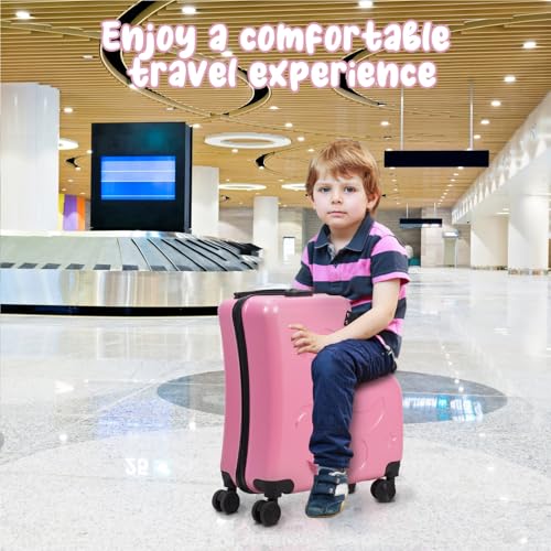 Suitcase 20" Carry on Luggage with Casters, Impact Resistant Rolling Children Travel Suitcase with Seat and Safety Belt, Large Capacity Carry-on Luggage with 4 Spinner Wheels Pink4
