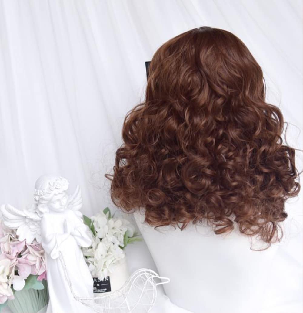 Lolita Wig Gold Brown Wool Roll Curly 40cm Synthetic Hair Lifelike Sweet Wig Daily Natural Female Wigs with Bangs (BRO)