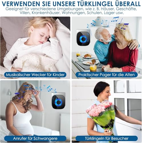 Funkklingel, PHYSEN Türklingel Funk Set, IP55 Funkklingel Aussen Wasserdicht, 400M Reichweite Kabellose Haustür Klingel, 1 Sender und 1 Empfänger, 58 Melodien, 5 Lautstärkestufen, LED Anzeige