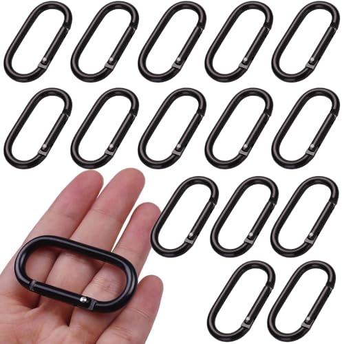 15 Pack Black Oval Carabiner Clips, 2 Inch Aluminum Spring Snap Hook