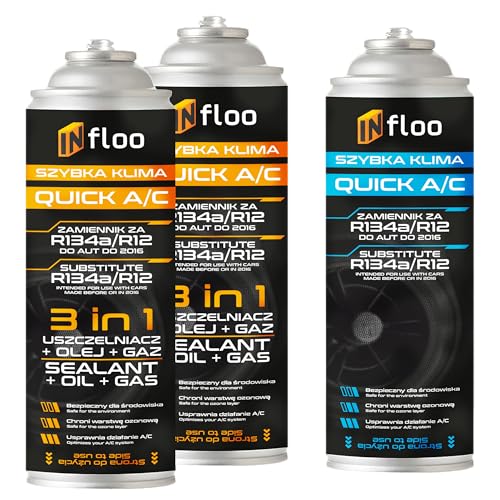 INfloo 2X Quick A/C 3en1 R134a (Gas + Aceite + Sellador) + 1x Quick A/C Gas R134a | Recarga para A/C Coche hasta 2016 | Incluye Guantes