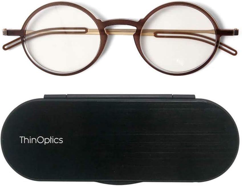 ThinOptics Manhattan Reading Glasses Round Frames With Milano Magnetic Case - Thin Lightweight Compact Readers 1.0 1.5 2.0 2.5 Strength