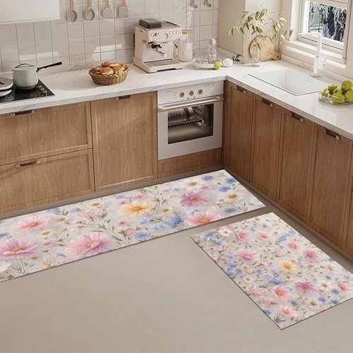 Alfombras de cocina lavables con estampado rosa de flores 5