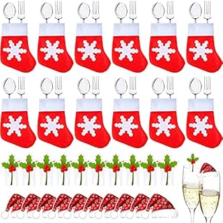 32 Pieces Christmas Dinner Table Decoration 12 Pieces Mini Christmas Stockings Tableware Holders 20 Pieces Christmas Wine Cup Card Christmas Hats for Glasses Tableware Bags Christmas Party Decoration