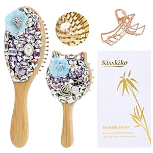 Bamboo Hair Brush Set for Women | Crystal Zircon Inlay Massage Scalp Unique Eco Large | Small Hairbrush – Gentle Stylish Suitable All Hair Types and Occasions