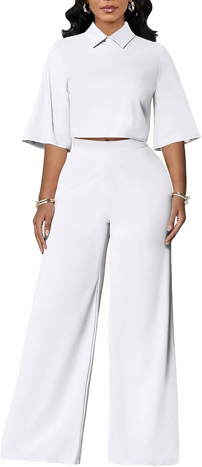 acelyn 2 Piece Pant Sets for Women Dressy 3/4 Sleeve Lapel Neck Top Wide Leg Pantsuits Business Casual Outfits