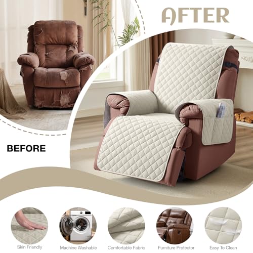Image of KinCam 100% Waterproof Recliner Chair Cover, Reclining Couch Covers for Pets, Dogs, Recliner Couch Slipcover Furniture Protector with Elastic Straps for Kids(23.6 inch, Ivory)